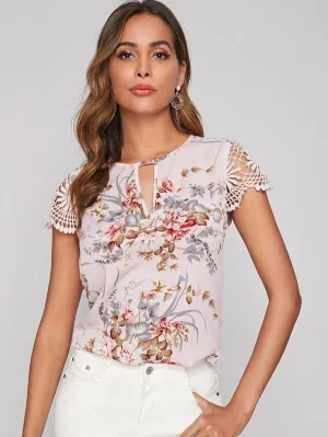 Guipure Lace Sleeve Keyhole Neckline Floral Top