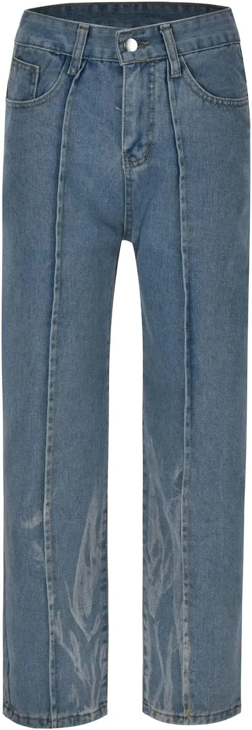Jeans for Men Baggy High Waisted Jeans Straight Leg Pants Fashion Printed Trousers Classic 5 Pocket Streetwear