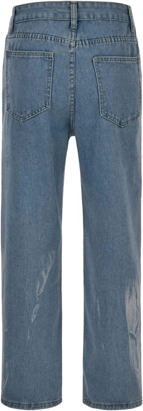 Jeans for Men Baggy High Waisted Jeans Straight Leg Pants Fashion Printed Trousers Classic 5 Pocket Streetwear