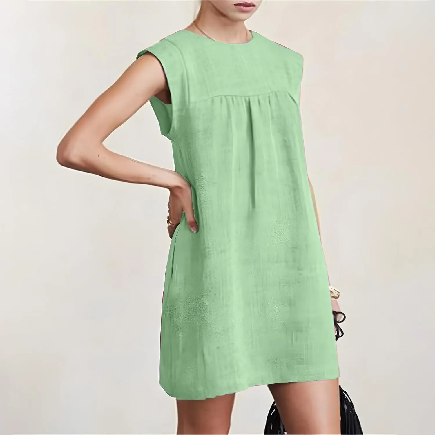 JOAU Womens Crew Neck Sleeveless Cotton Linen Tank Dress Casual Loose Shift Tunic Mini Dresses Summer Beach Vacation Sundress