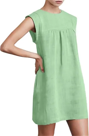 JOAU Womens Crew Neck Sleeveless Cotton Linen Tank Dress Casual Loose Shift Tunic Mini Dresses Summer Beach Vacation Sundress