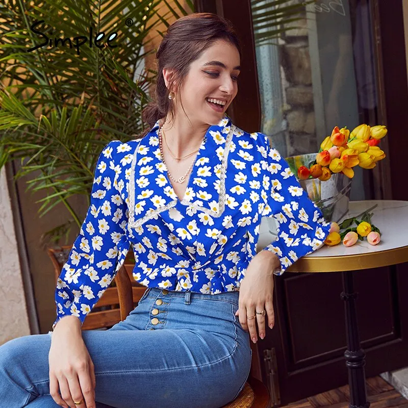 Joskaa Autumn Office Lady Floral Print V-neck Top Women Elegant Green Ladies button Skinny Blouse Female Regular Sleeves Shirt