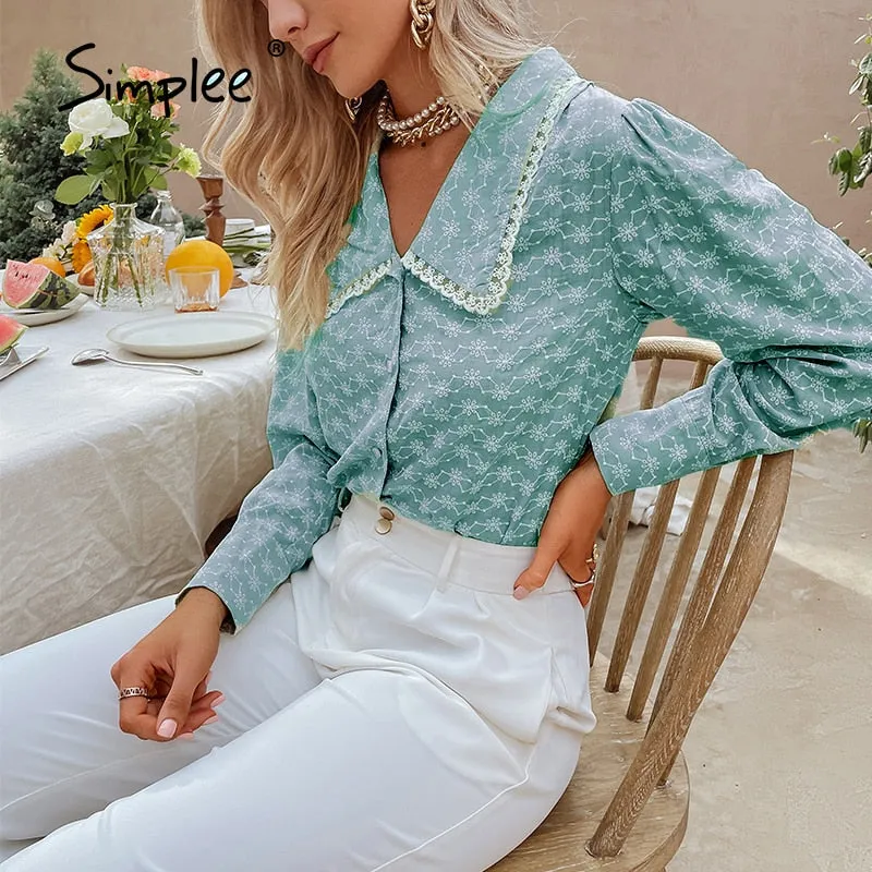 Joskaa Autumn Office Lady Floral Print V-neck Top Women Elegant Green Ladies button Skinny Blouse Female Regular Sleeves Shirt