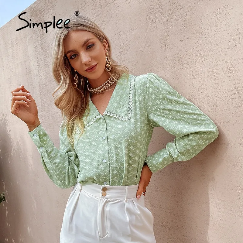 Joskaa Autumn Office Lady Floral Print V-neck Top Women Elegant Green Ladies button Skinny Blouse Female Regular Sleeves Shirt
