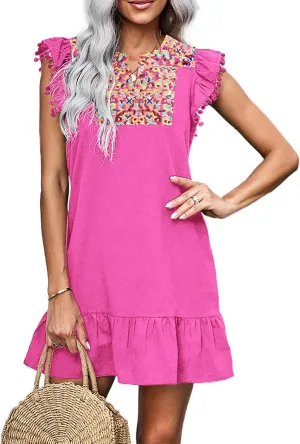 KIRUNDO Women's 2025 Summer Mini Dress Casual V Neck Floral Embroidered Ruffle Sleeveless Shift Flowy Boho Dress