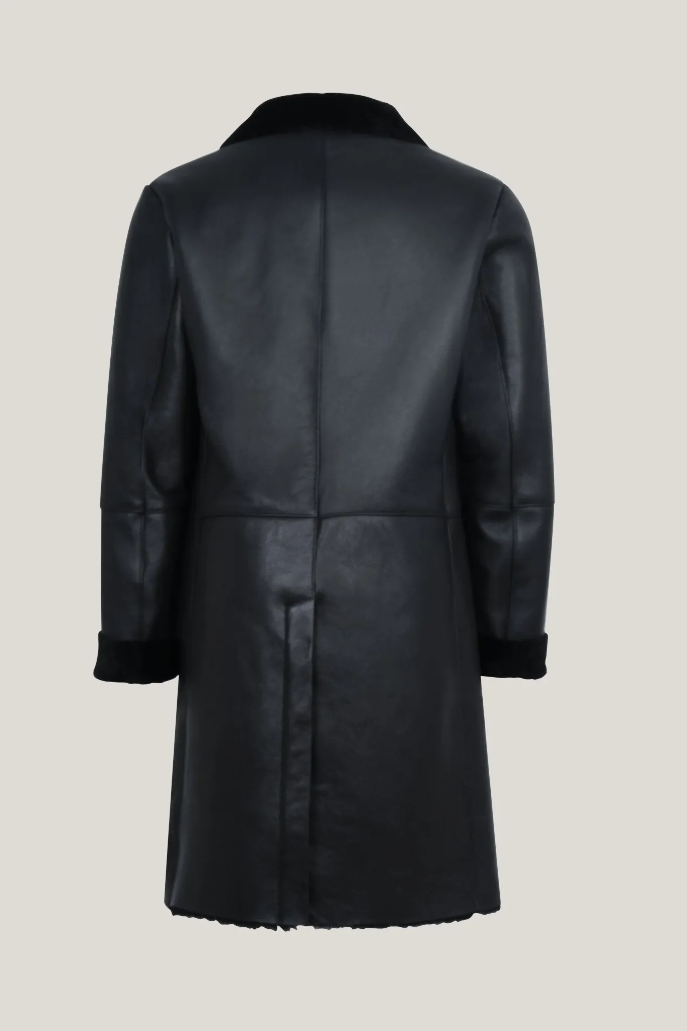 Lambskin Leather Shearling Lined Long Coat - Black