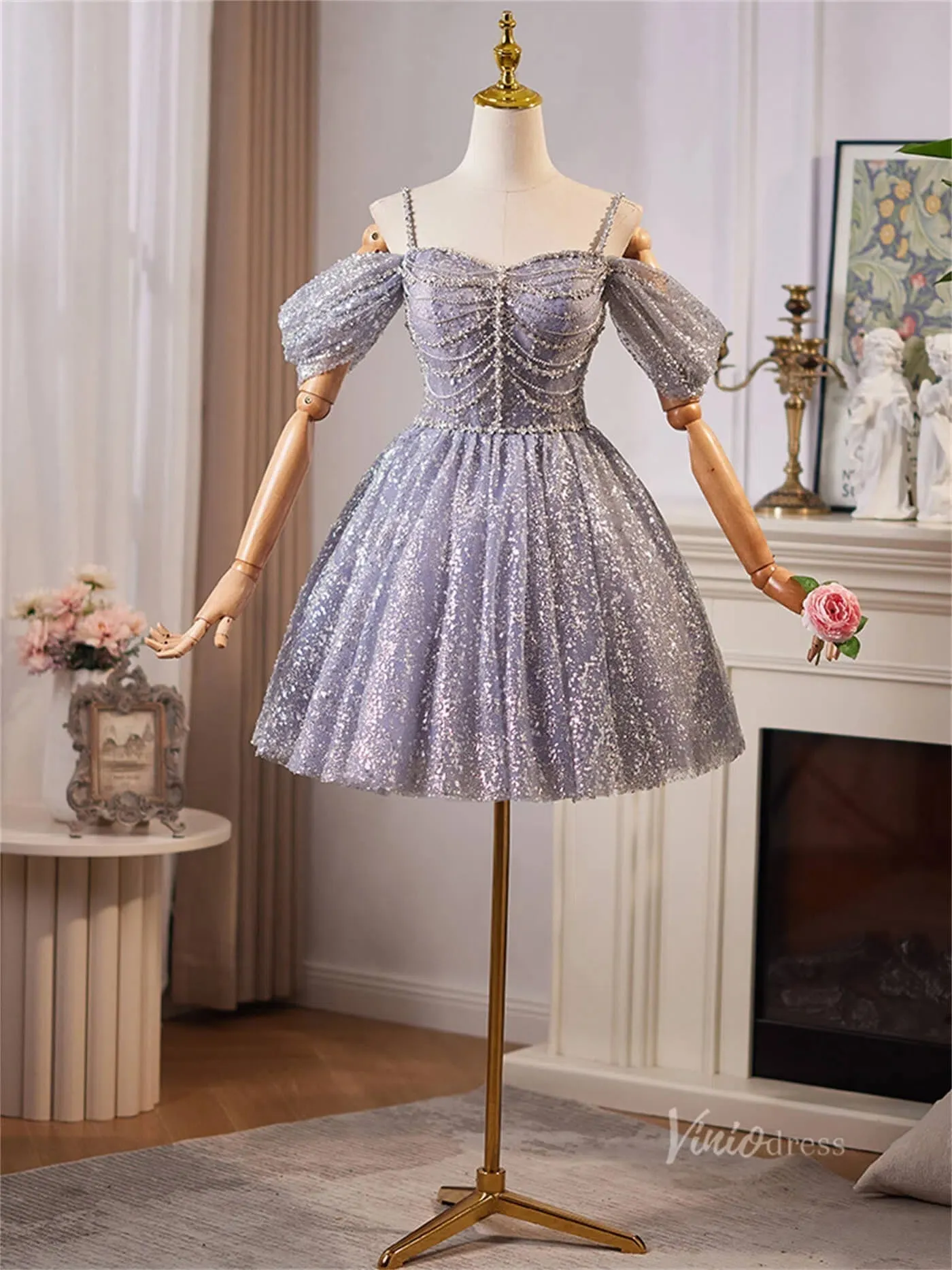 Lavender Sparkly Off the Shoulder Homecoming Dresses Spaghetti Strap Short Prom Dress BJ066