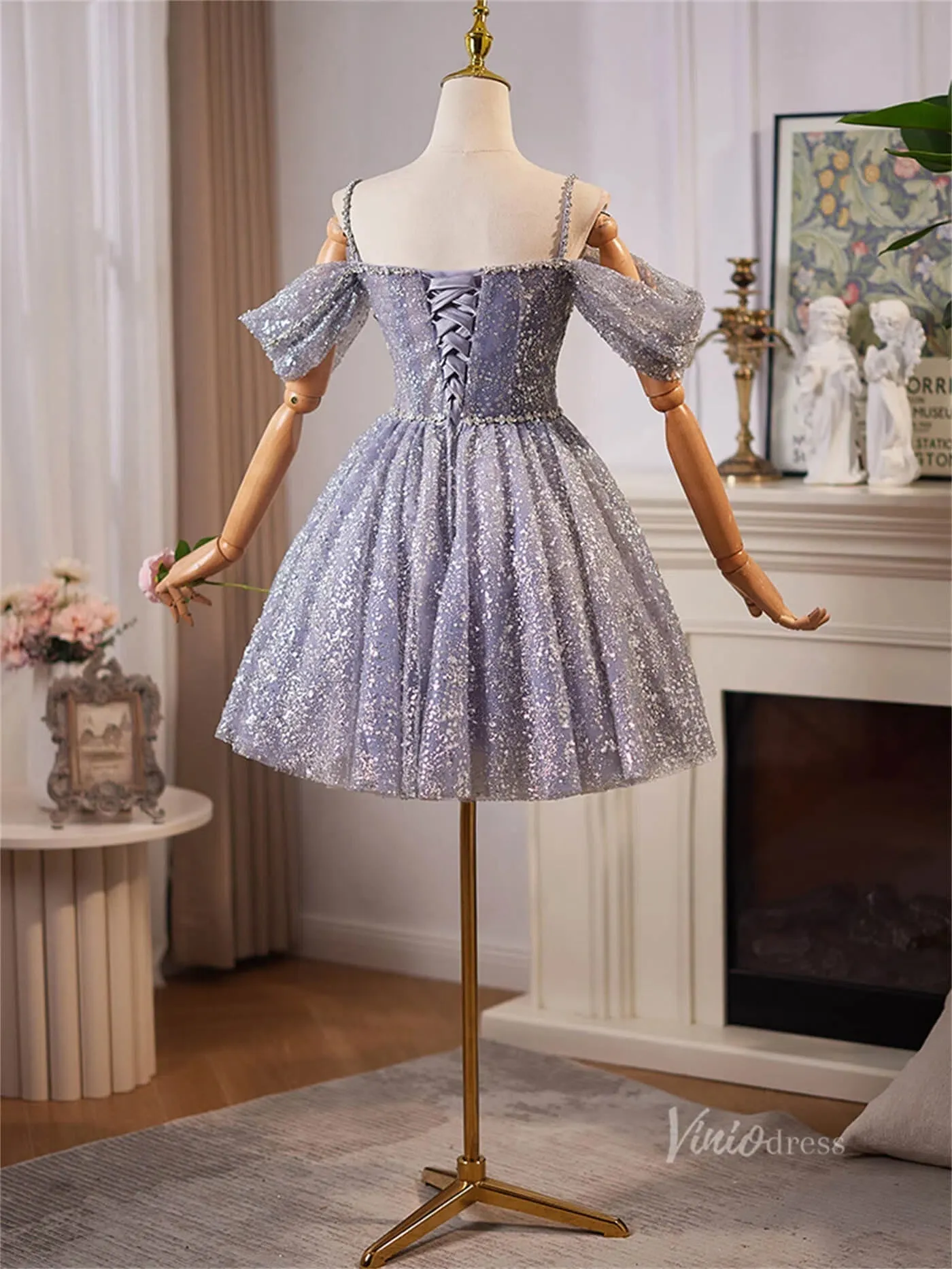 Lavender Sparkly Off the Shoulder Homecoming Dresses Spaghetti Strap Short Prom Dress BJ066