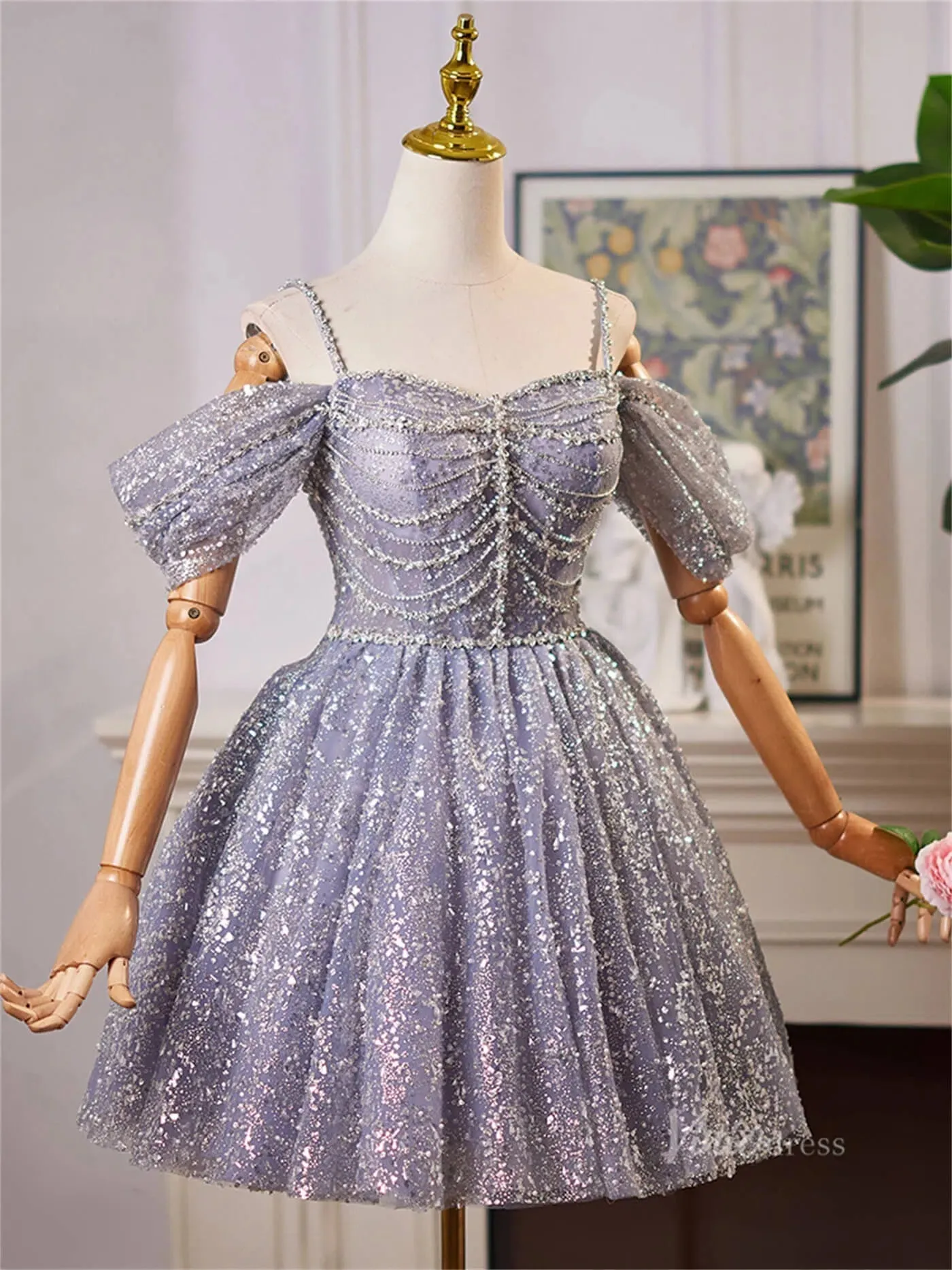 Lavender Sparkly Off the Shoulder Homecoming Dresses Spaghetti Strap Short Prom Dress BJ066