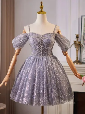 Lavender Sparkly Off the Shoulder Homecoming Dresses Spaghetti Strap Short Prom Dress BJ066
