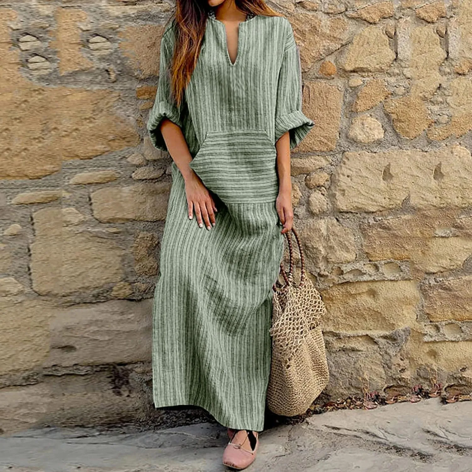 Linen Dress Women Summer Long Sleeve Maxi Dresses Japanese-Style V Neck Gown Robe Lightweight Long Dress with Front Pocket