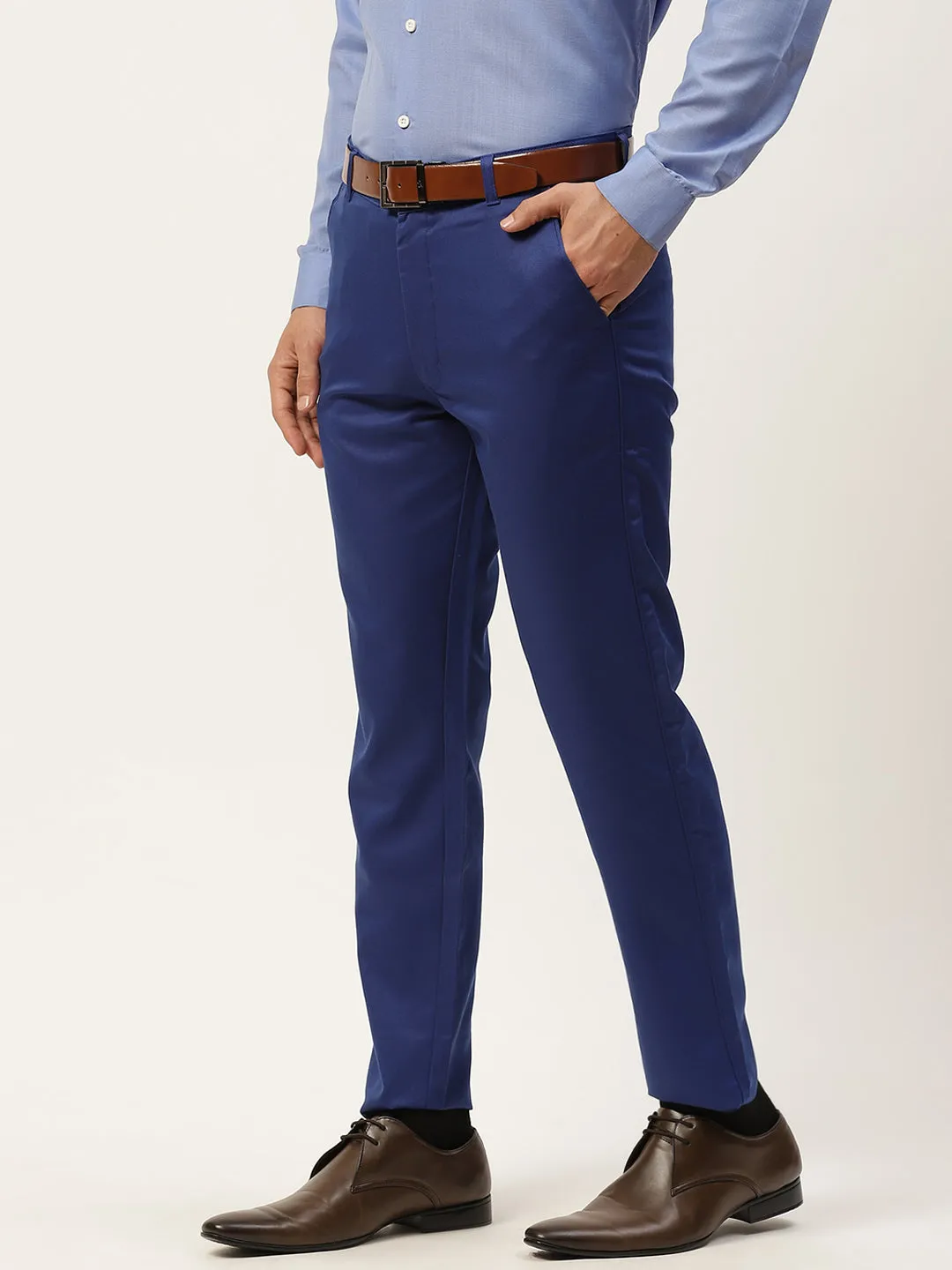 Men's Cotton Blend Royal Blue Solid Formal Trousers - Sojanya