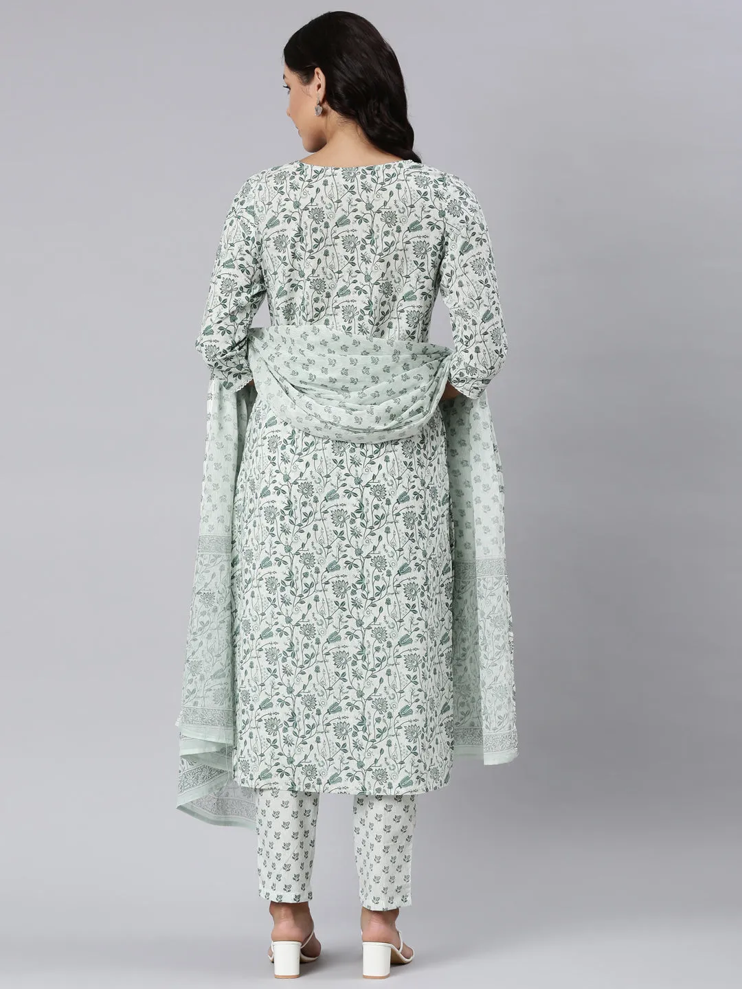 Neerus Green Panelled Straight Printed Kurta And Trousers With Dupatta