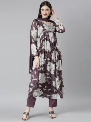 Neeru's Magenta Regular Straight Floral Kurta And Trousers With Dupatta