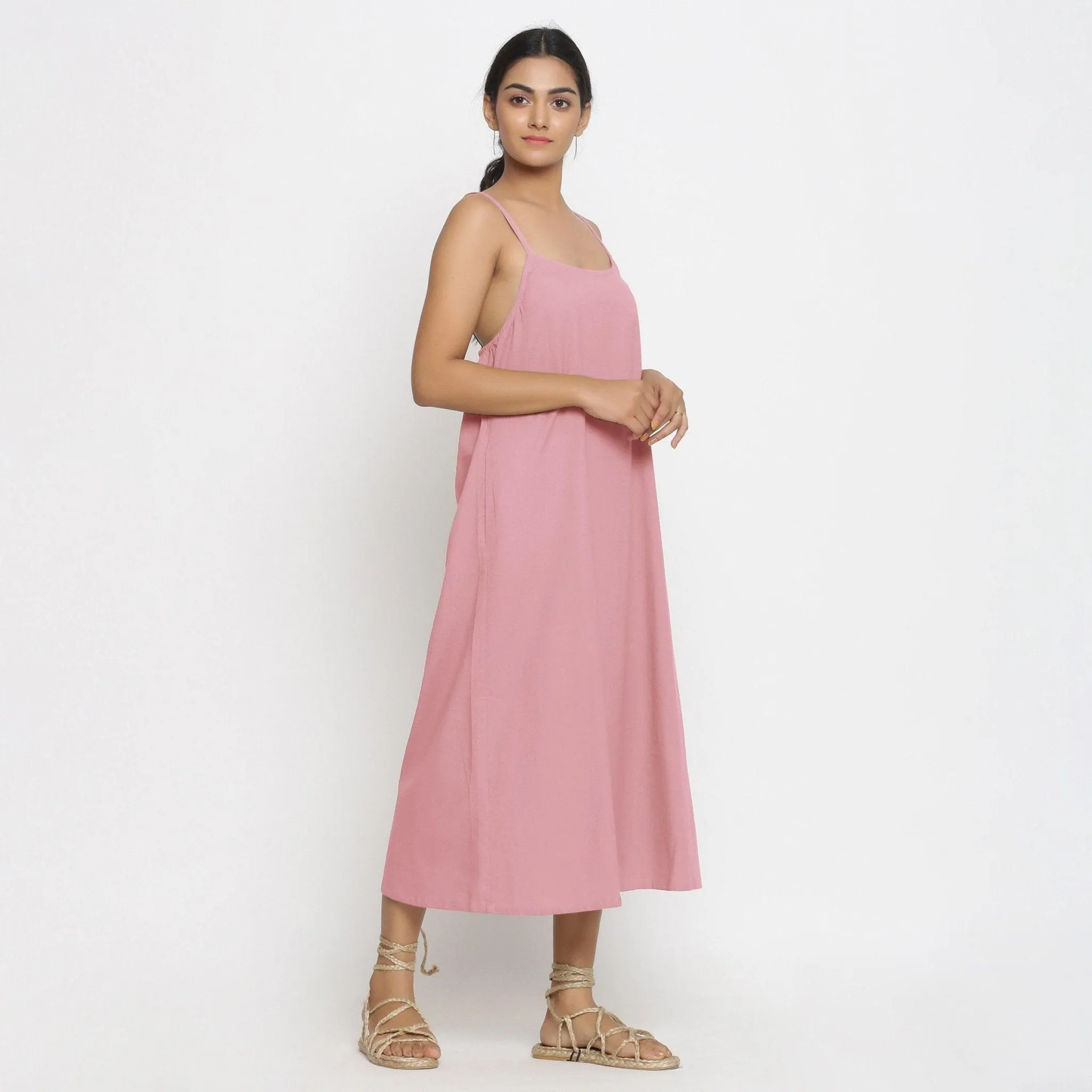 Pink Cotton Flax Strap Sleeve A-Line Dress