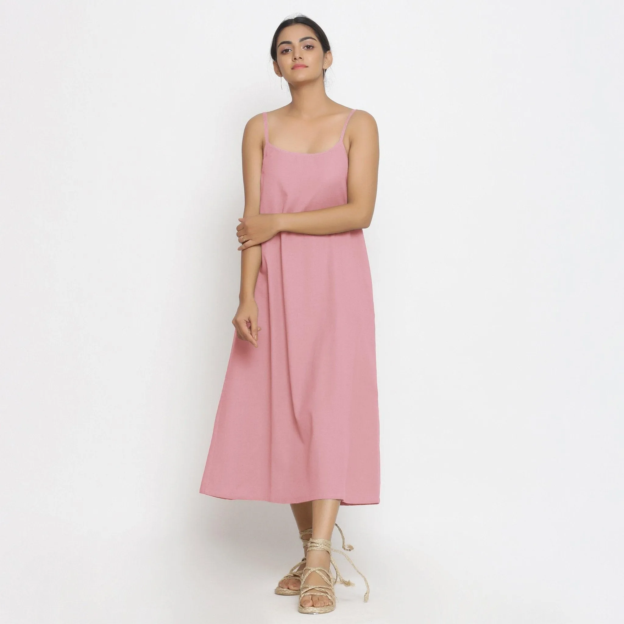 Pink Cotton Flax Strap Sleeve A-Line Dress