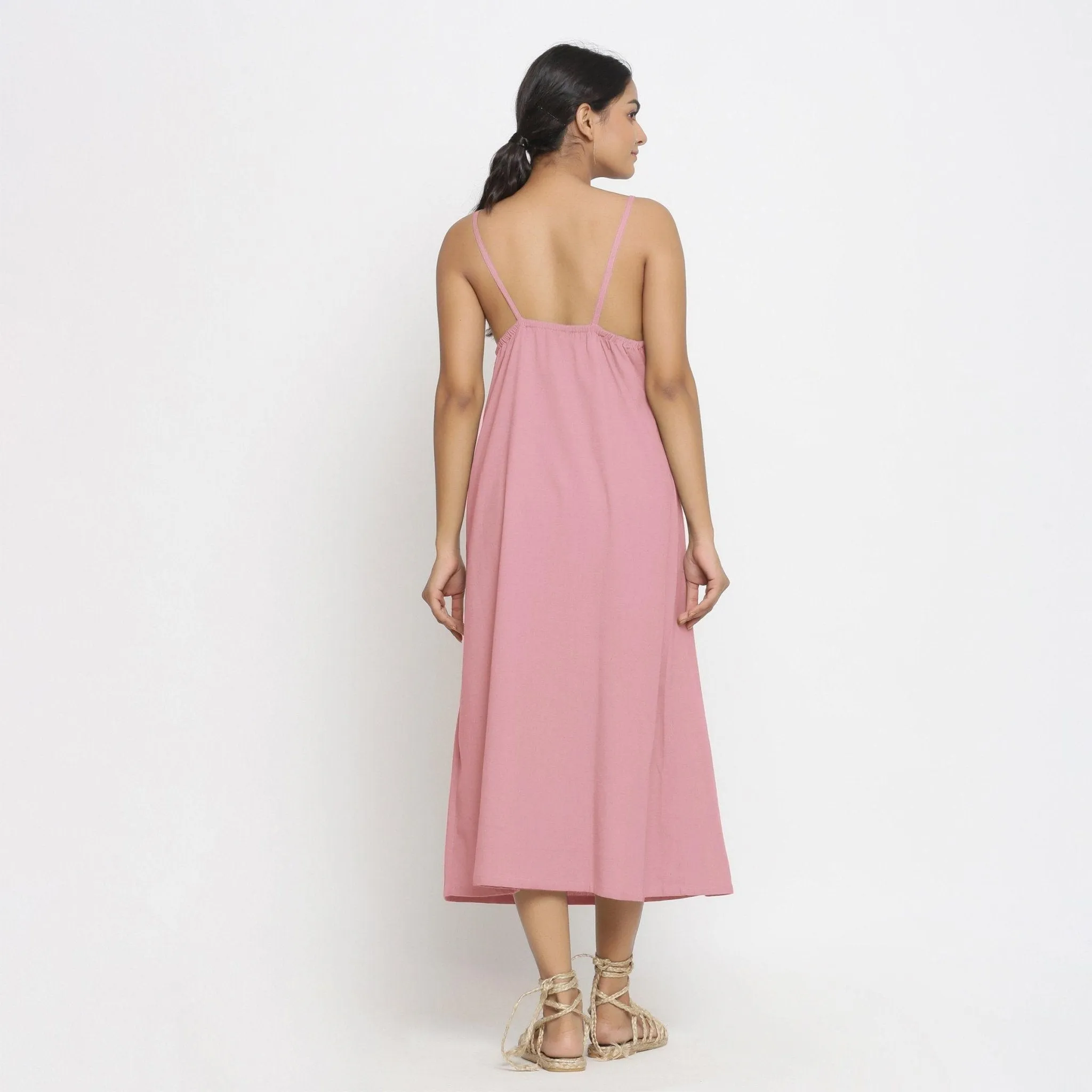 Pink Cotton Flax Strap Sleeve A-Line Dress