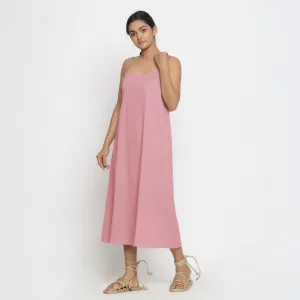 Pink Cotton Flax Strap Sleeve A-Line Dress