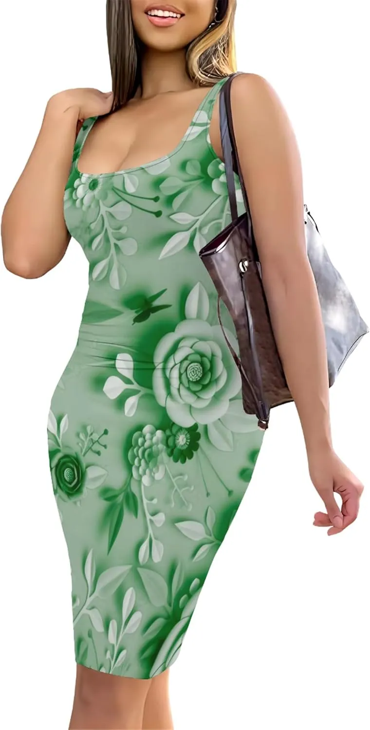 PinkPatty Floral Print Midi Dress for Women Sexy Sleeveless Crew Neck Tank Sundress Plus Size Club Dresses