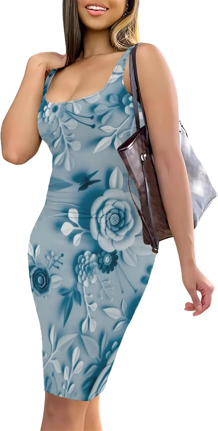PinkPatty Floral Print Midi Dress for Women Sexy Sleeveless Crew Neck Tank Sundress Plus Size Club Dresses
