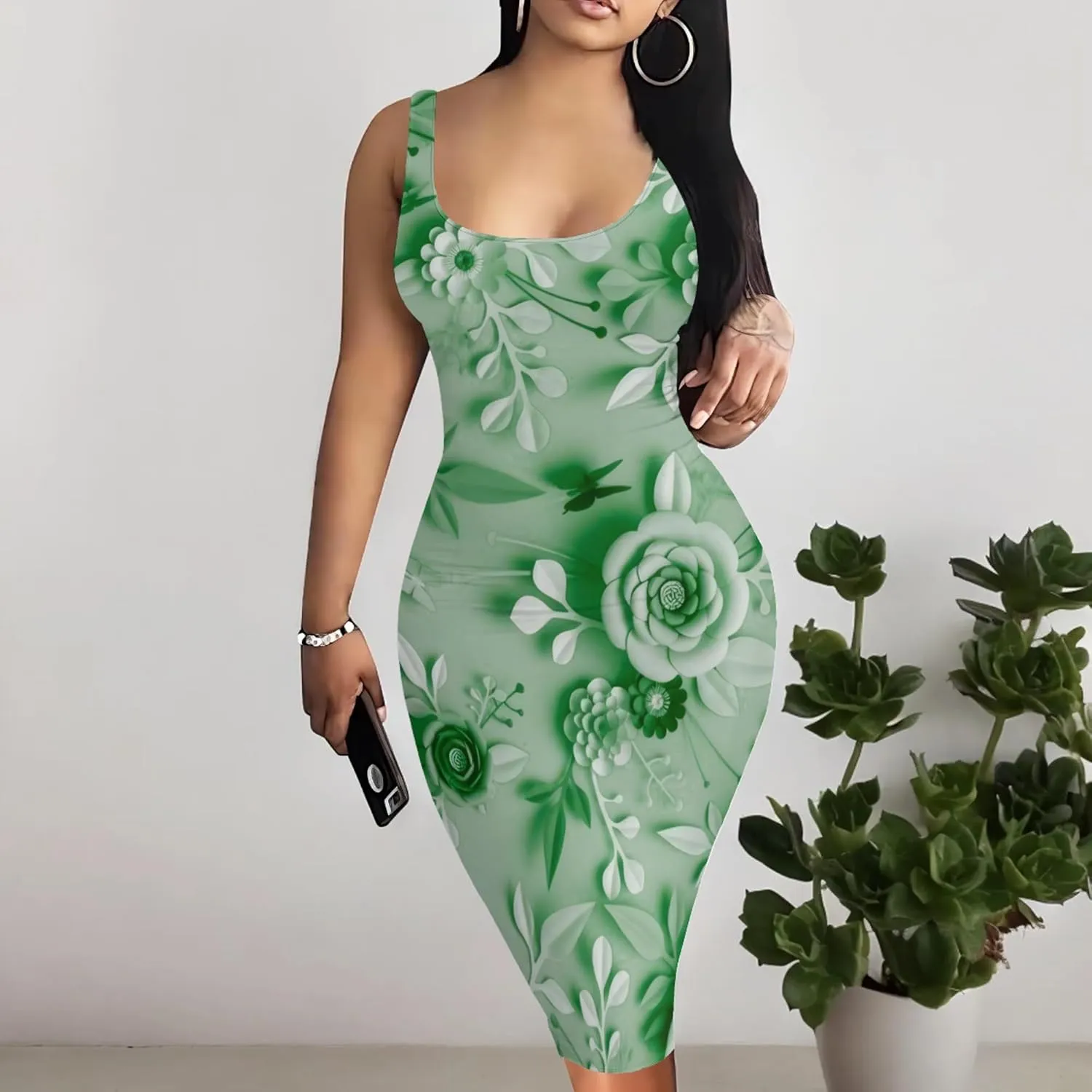 PinkPatty Floral Print Midi Dress for Women Sexy Sleeveless Crew Neck Tank Sundress Plus Size Club Dresses