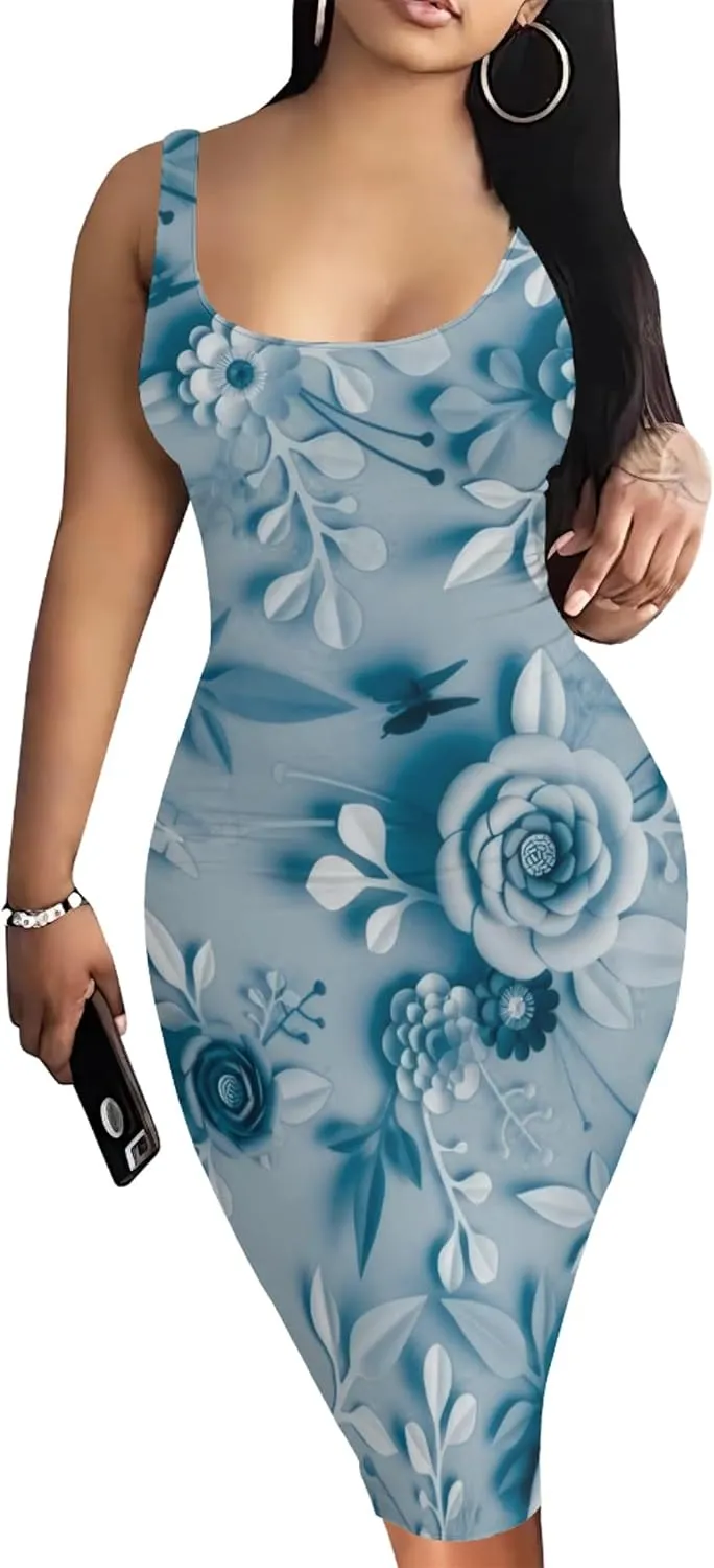 PinkPatty Floral Print Midi Dress for Women Sexy Sleeveless Crew Neck Tank Sundress Plus Size Club Dresses