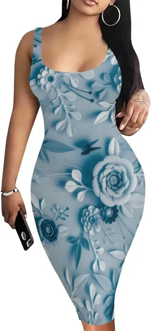 PinkPatty Floral Print Midi Dress for Women Sexy Sleeveless Crew Neck Tank Sundress Plus Size Club Dresses
