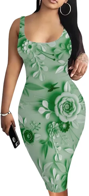PinkPatty Floral Print Midi Dress for Women Sexy Sleeveless Crew Neck Tank Sundress Plus Size Club Dresses