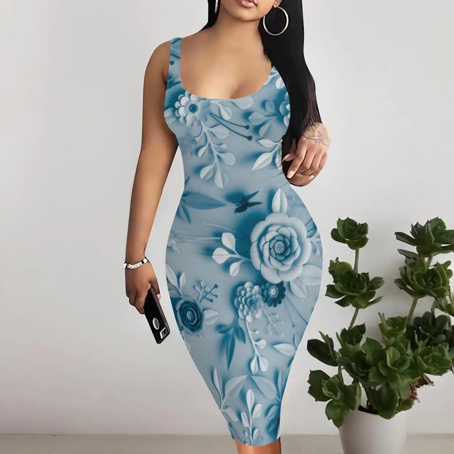 PinkPatty Floral Print Midi Dress for Women Sexy Sleeveless Crew Neck Tank Sundress Plus Size Club Dresses