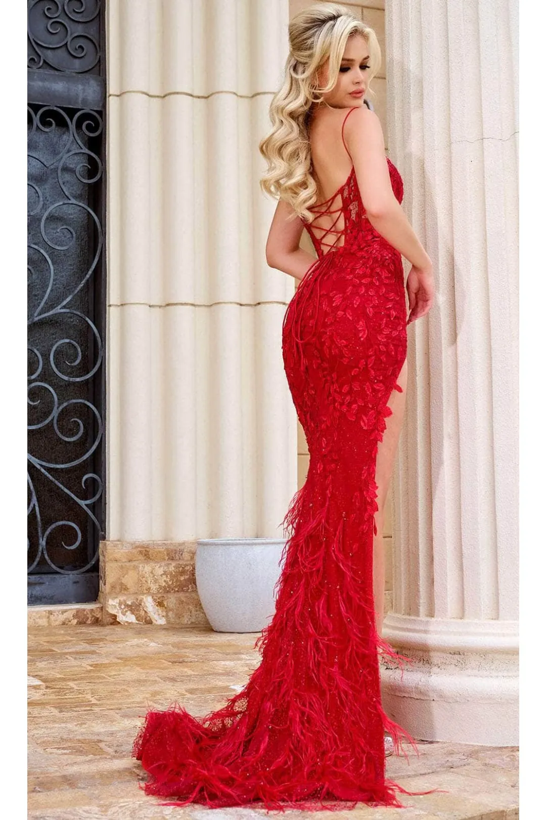 Portia and Scarlett PS24325 -long- Sleeveless Leaf Appliqued Prom Gown for a Nature-Inspired Style