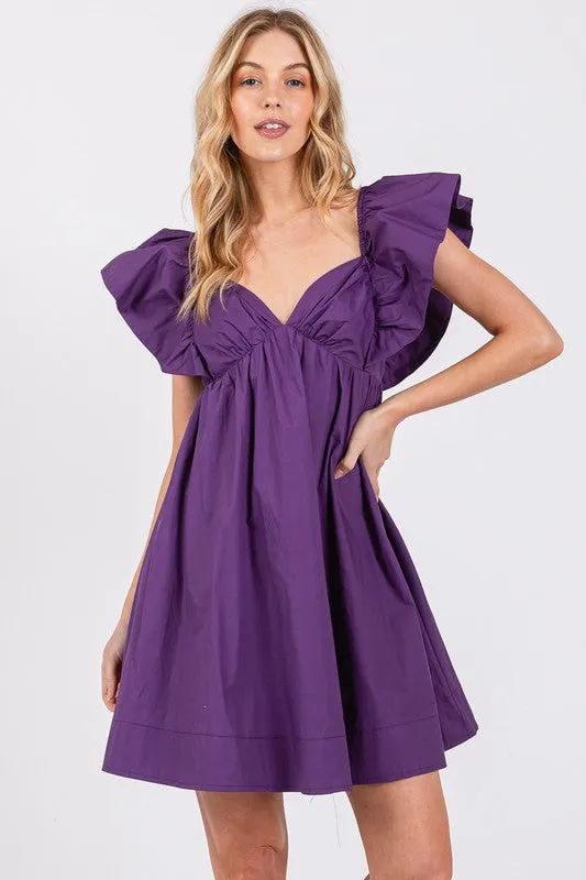 Purple Poplin Ruffle Sleeve Tie Back Dress