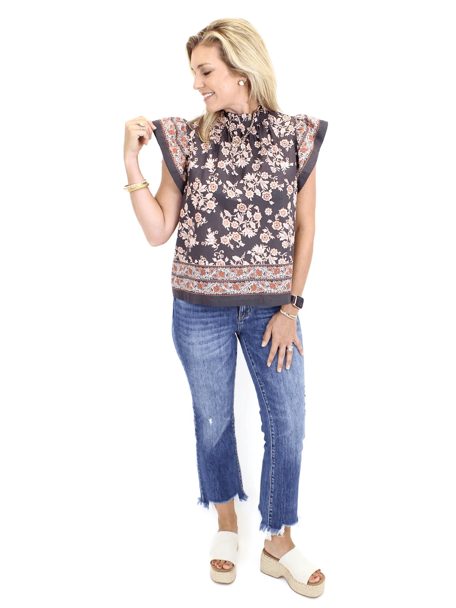 Ruffle Neck Floral Top - Brown/Orange
