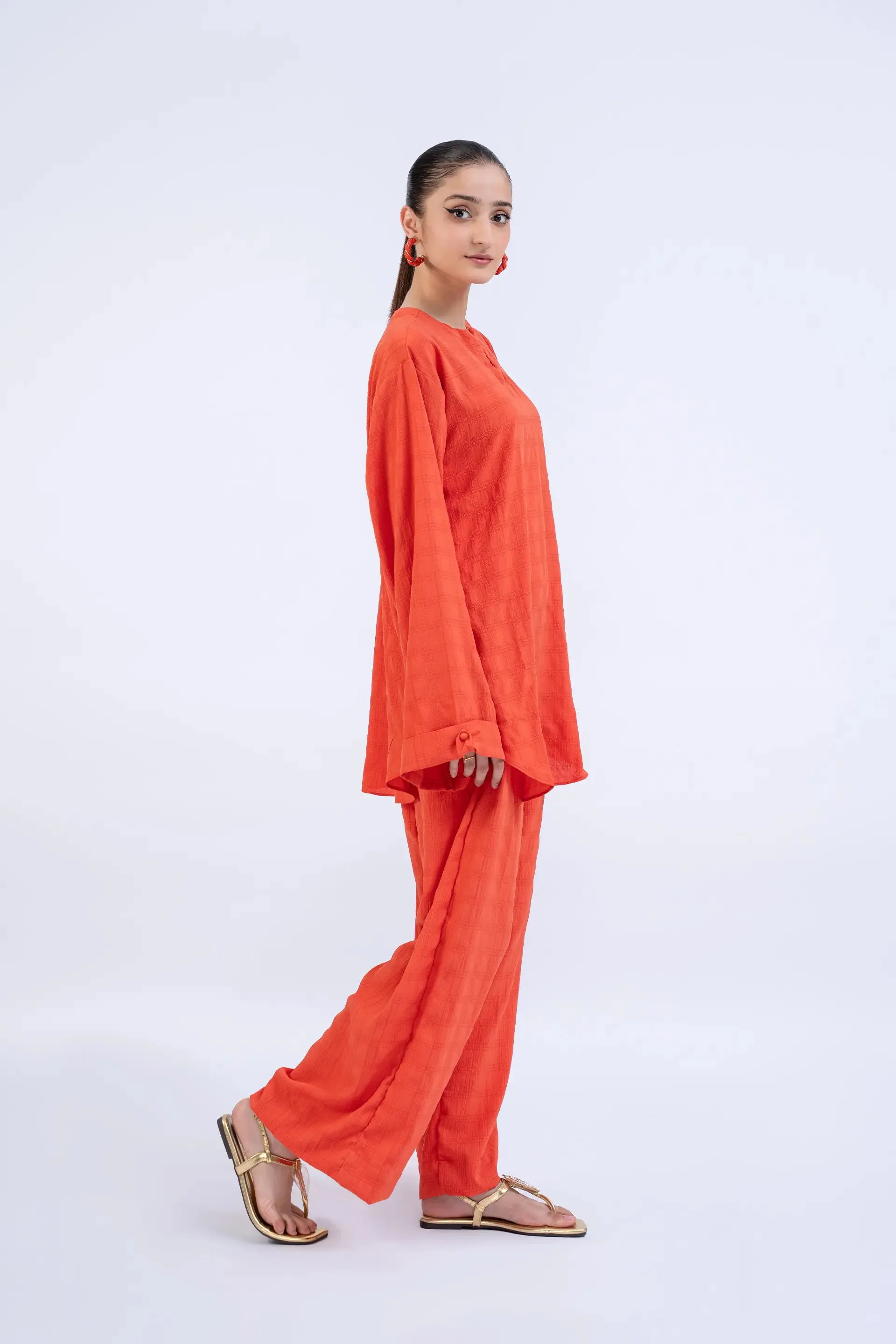 Rust Self Check Georgette Silk Co-Ord Set