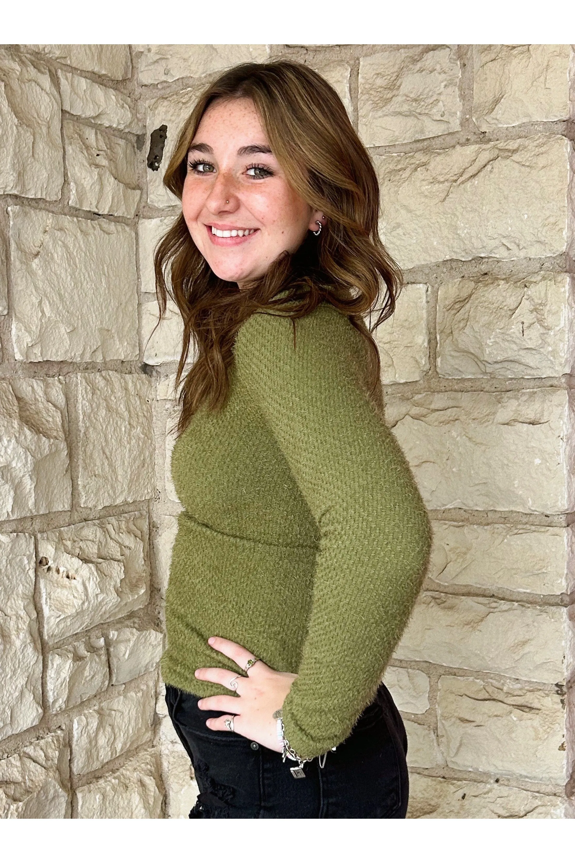 Scala Seamless Long Sleeve Furry V Neck Sweater In Verde Moss