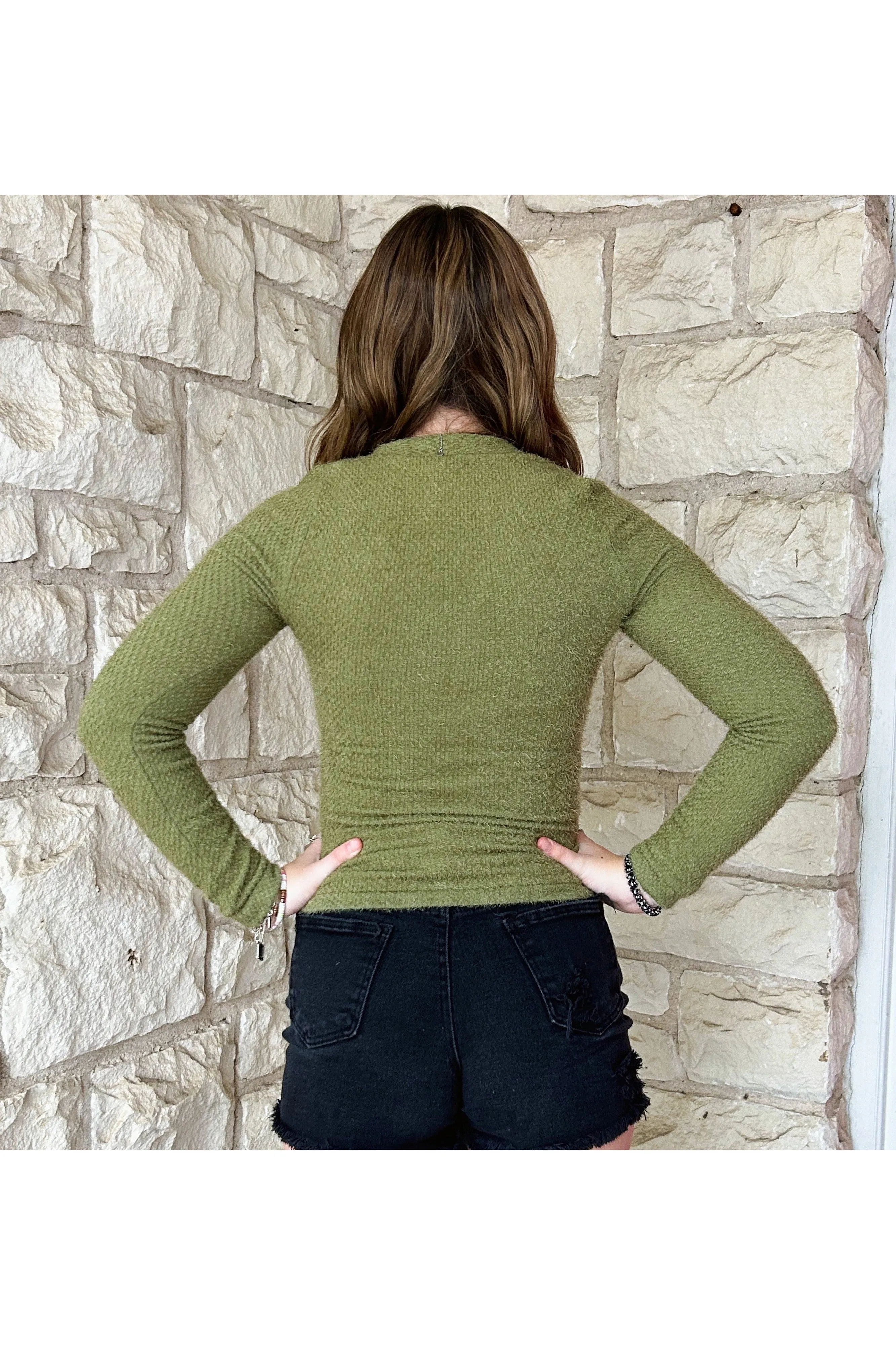 Scala Seamless Long Sleeve Furry V Neck Sweater In Verde Moss