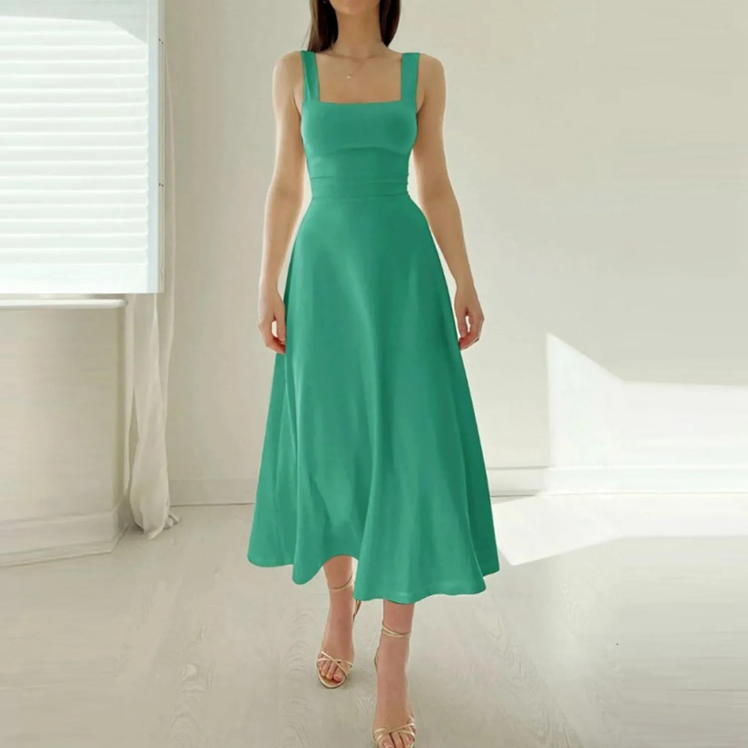 Spring Dresses for Women, Womens 2025 Trendy Casual Tank Dresses Square Neck Sleeveless Drawstring A Line Midi Sundress