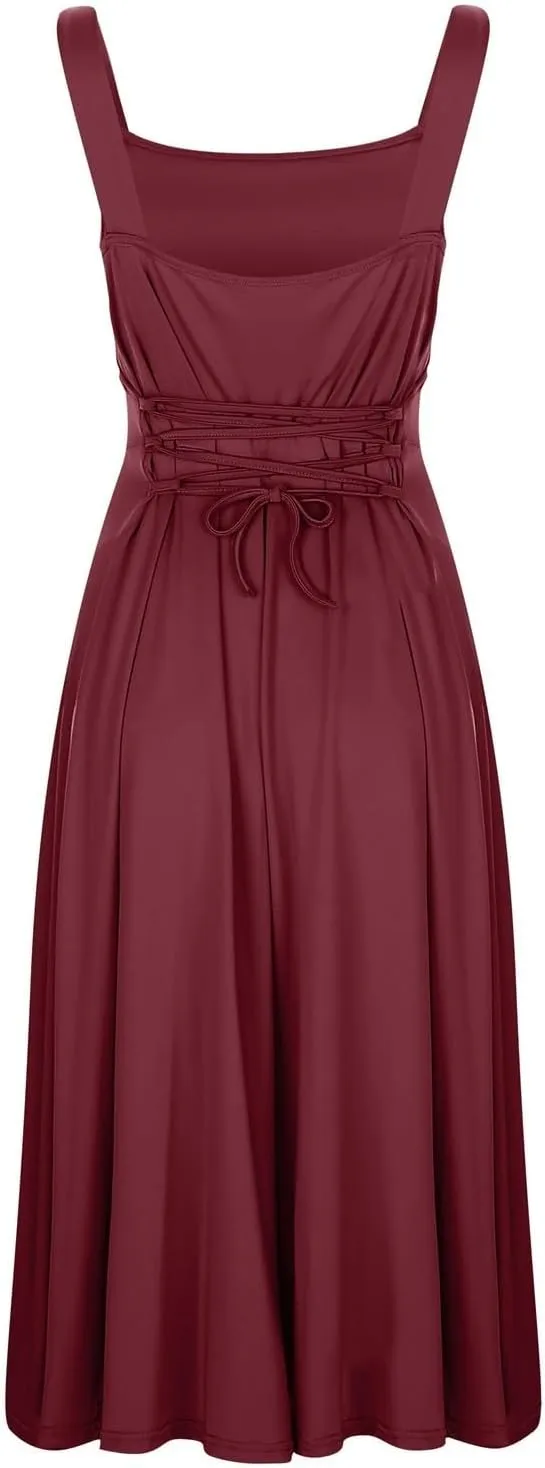 Spring Dresses for Women, Womens 2025 Trendy Casual Tank Dresses Square Neck Sleeveless Drawstring A Line Midi Sundress