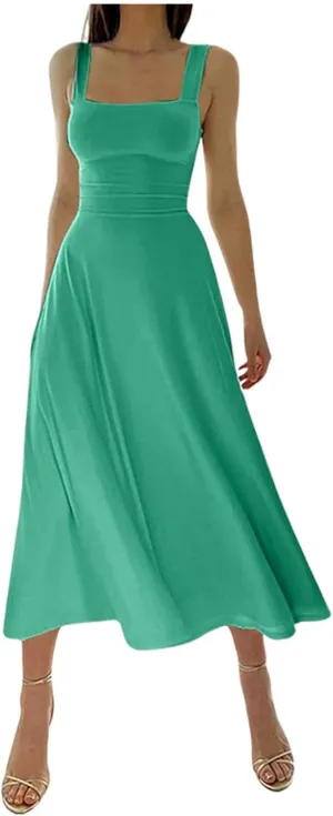 Spring Dresses for Women, Womens 2025 Trendy Casual Tank Dresses Square Neck Sleeveless Drawstring A Line Midi Sundress