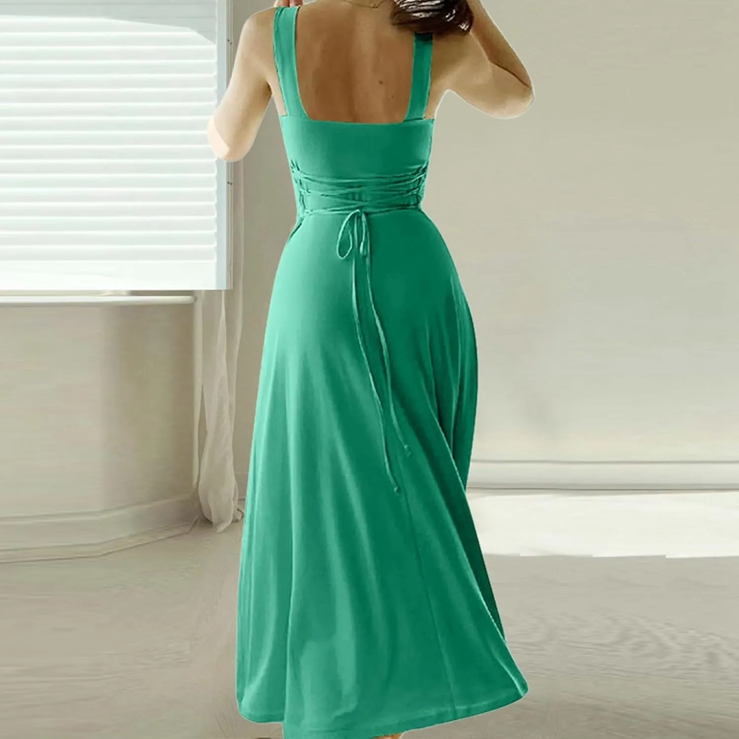 Spring Dresses for Women, Womens 2025 Trendy Casual Tank Dresses Square Neck Sleeveless Drawstring A Line Midi Sundress