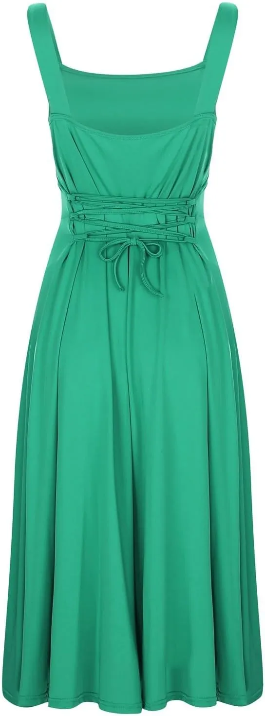 Spring Dresses for Women, Womens 2025 Trendy Casual Tank Dresses Square Neck Sleeveless Drawstring A Line Midi Sundress