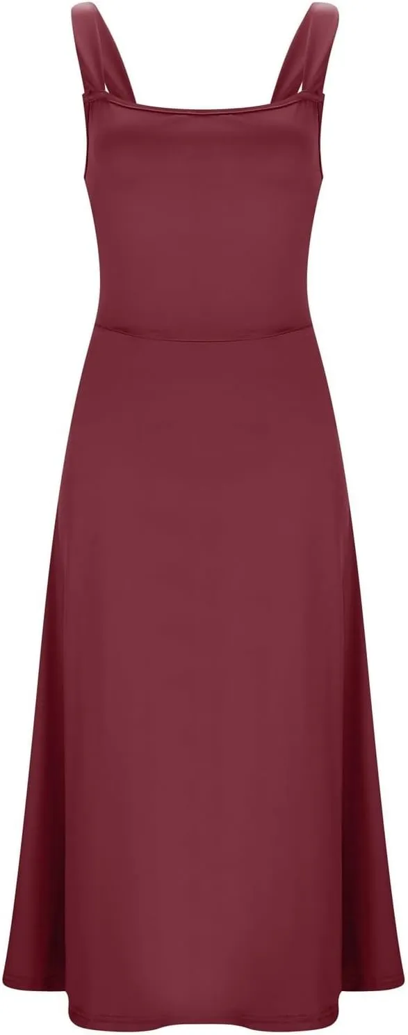 Spring Dresses for Women, Womens 2025 Trendy Casual Tank Dresses Square Neck Sleeveless Drawstring A Line Midi Sundress