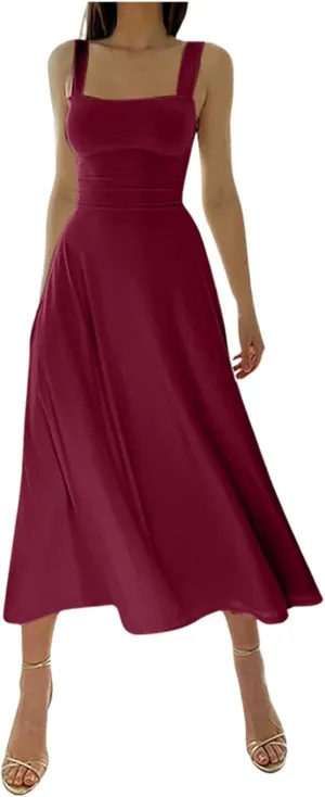 Spring Dresses for Women, Womens 2025 Trendy Casual Tank Dresses Square Neck Sleeveless Drawstring A Line Midi Sundress