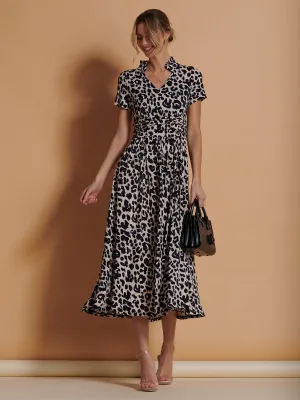 Stand Collar V Neck Print Maxi Dress, Pink Animal
