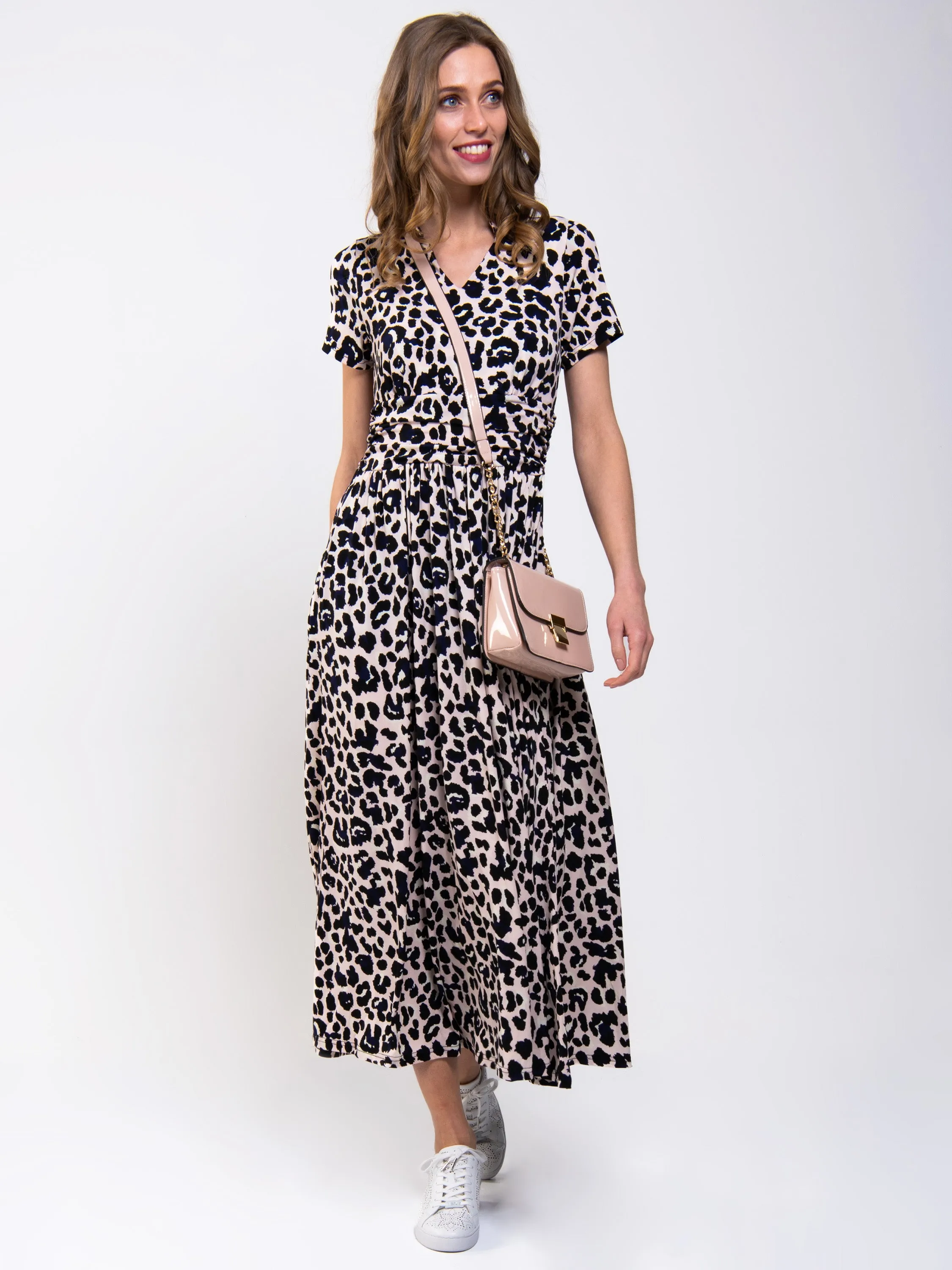 Stand Collar V Neck Print Maxi Dress, Pink Animal