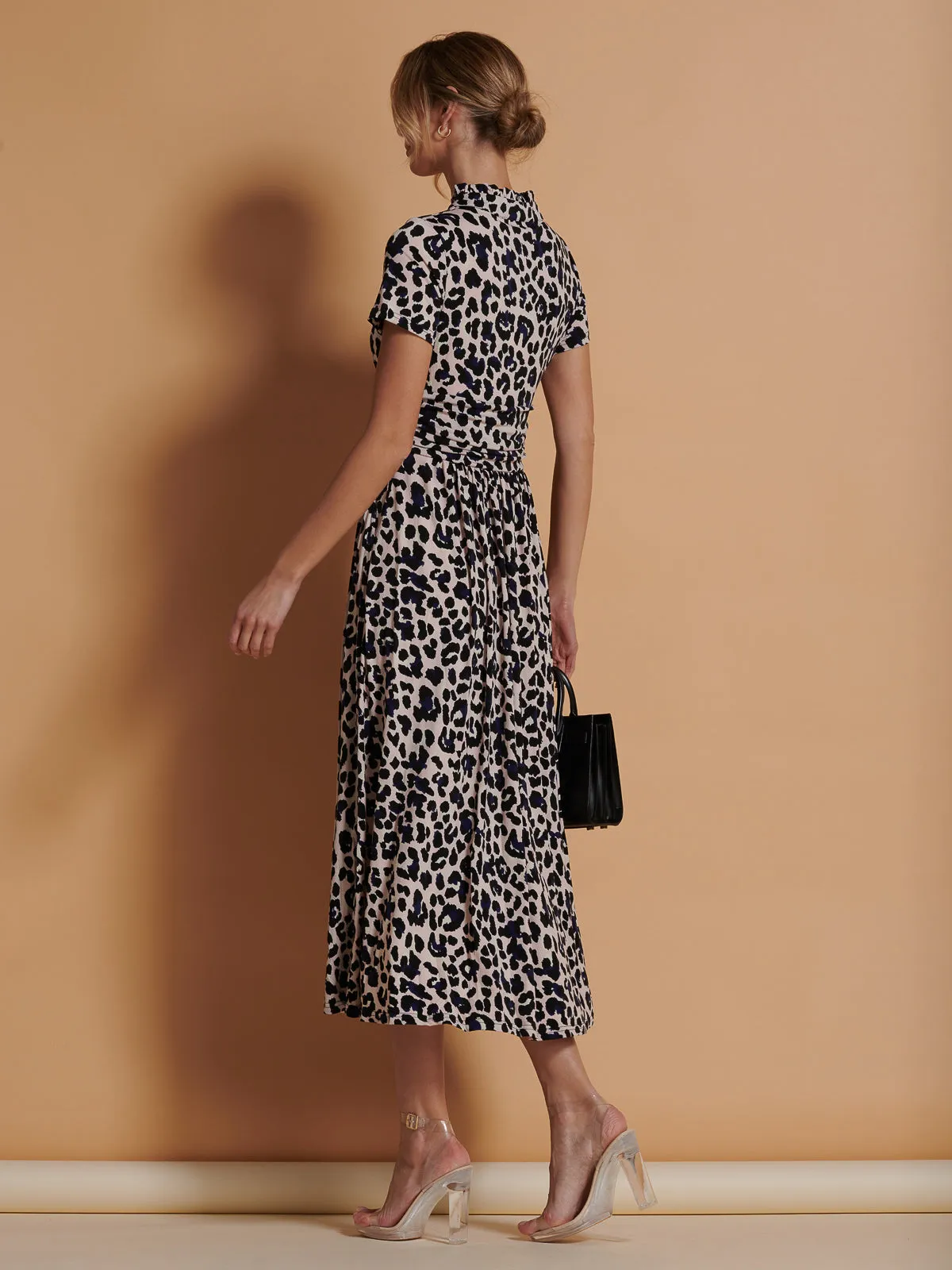 Stand Collar V Neck Print Maxi Dress, Pink Animal