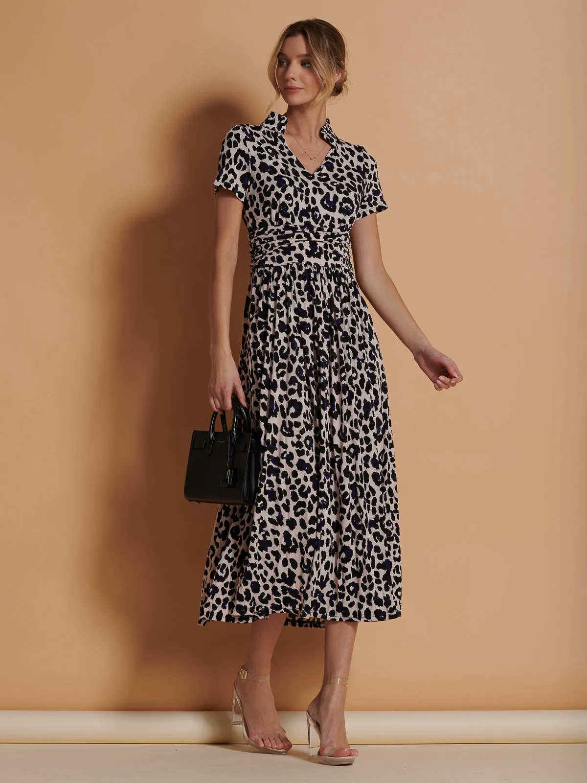Stand Collar V Neck Print Maxi Dress, Pink Animal
