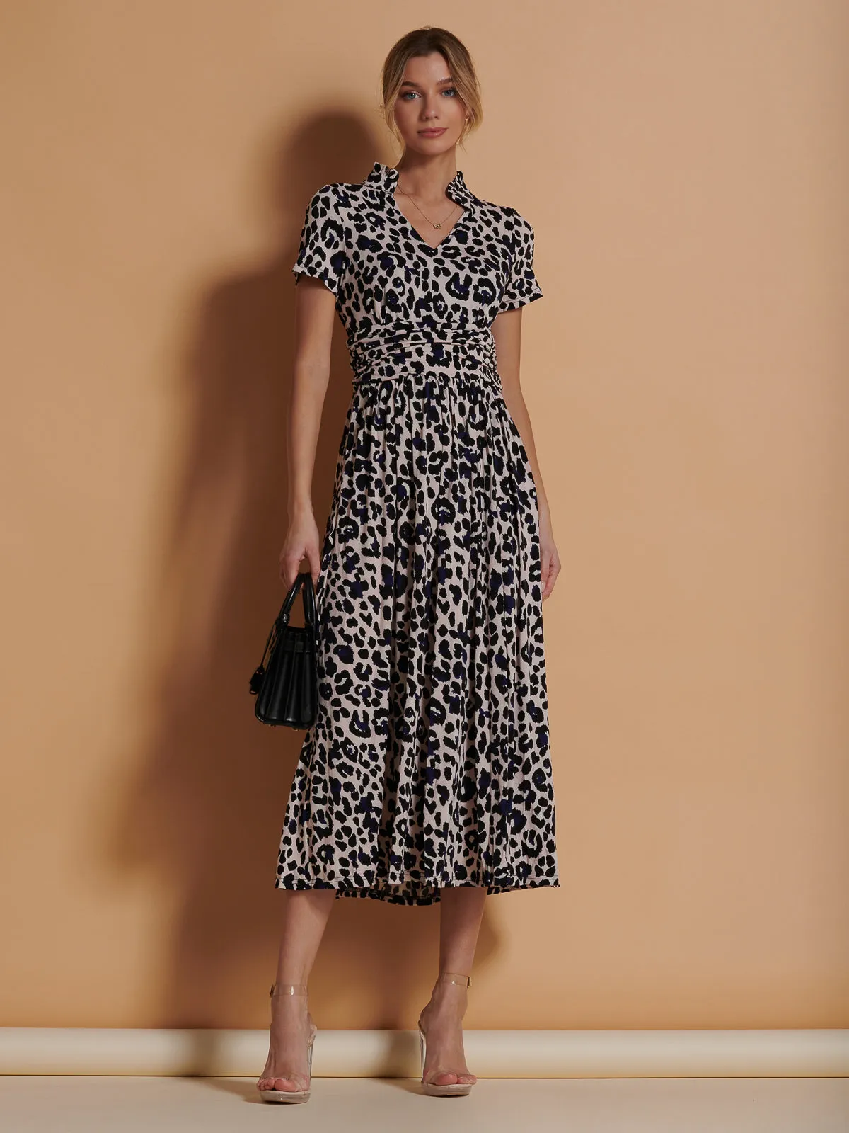 Stand Collar V Neck Print Maxi Dress, Pink Animal