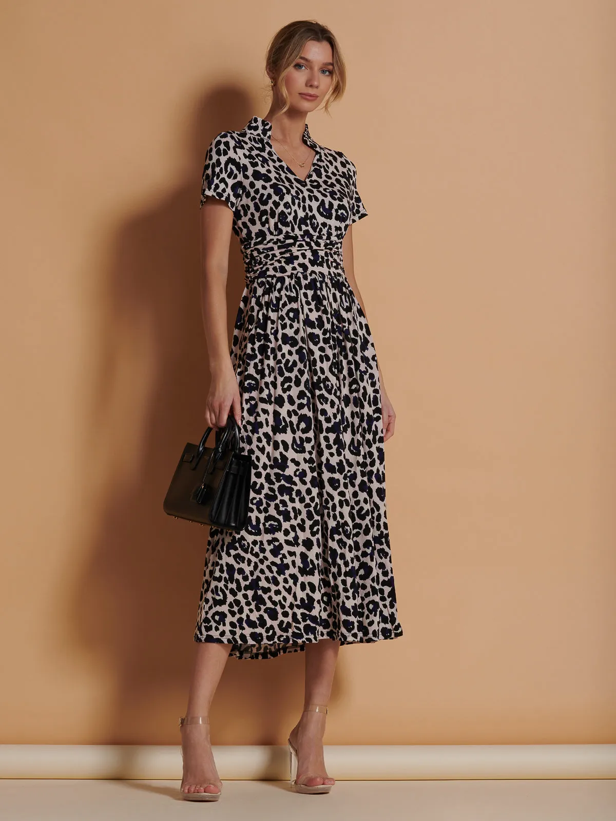 Stand Collar V Neck Print Maxi Dress, Pink Animal
