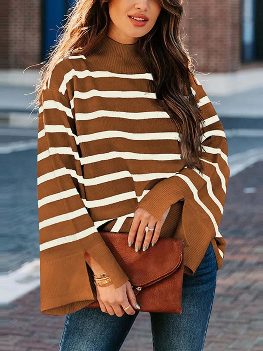 Striped Knit Turtleneck Sweater for Women