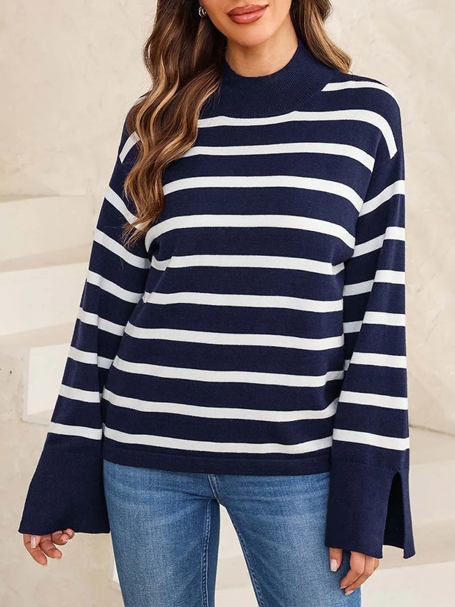 Striped Knit Turtleneck Sweater for Women